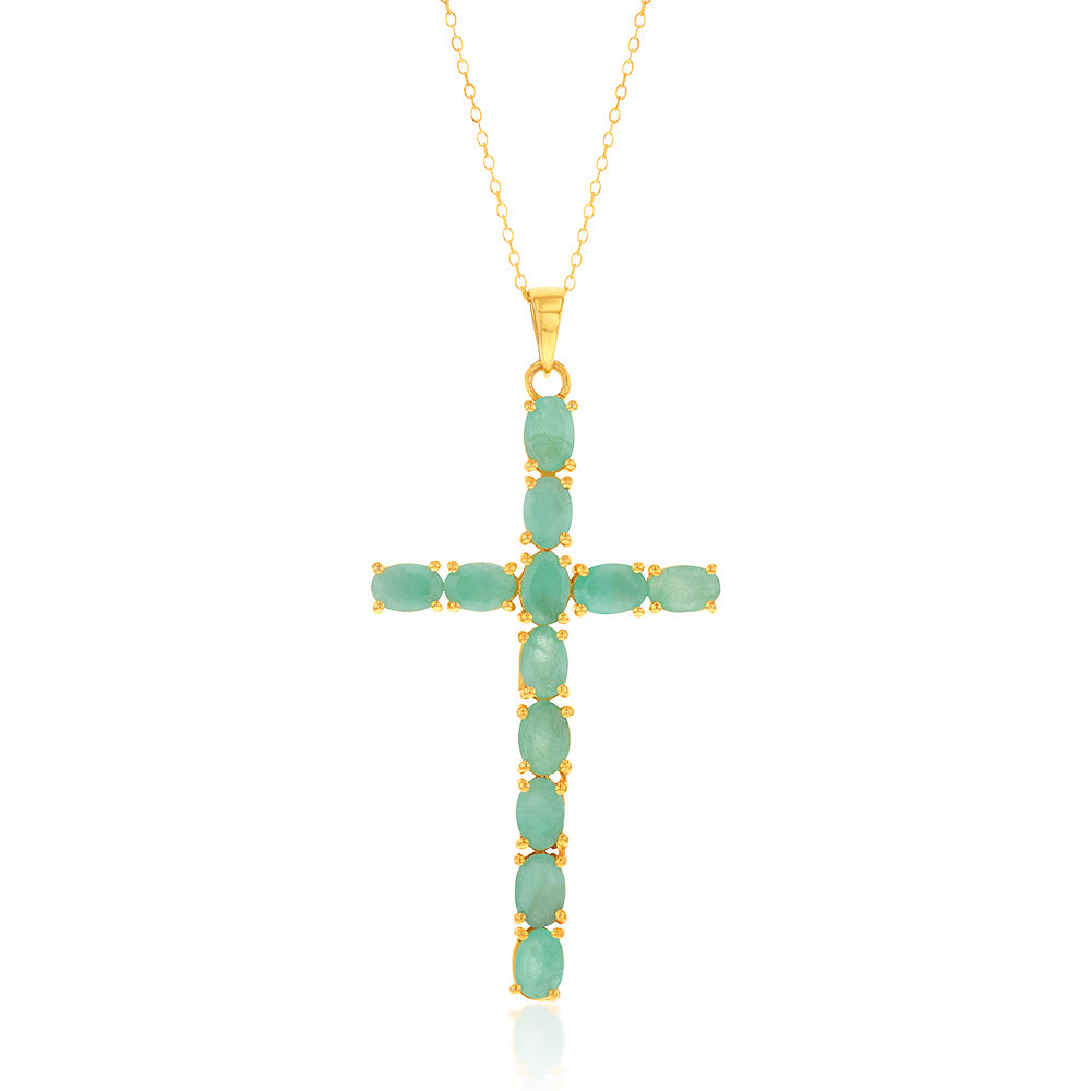 Sterling Silver Yellow Gold Plated 6.00ct Natural Emerald Cross Pendant