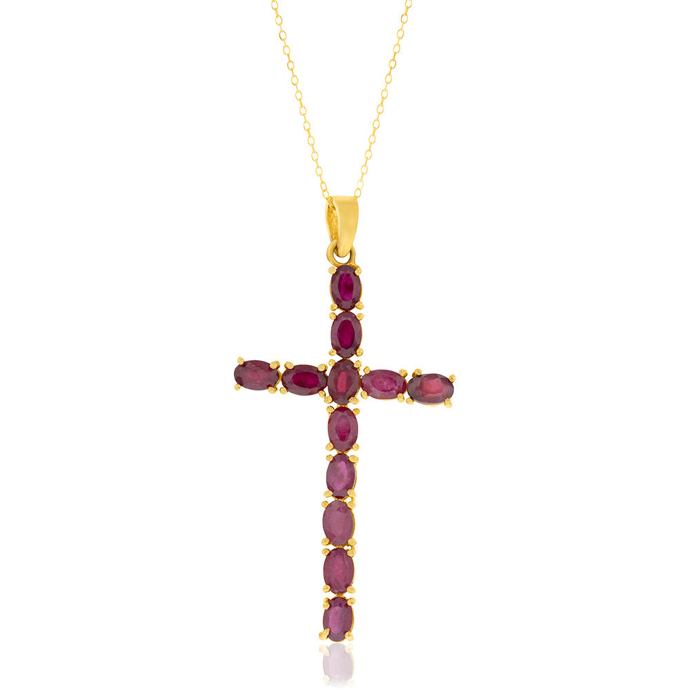 Sterling Silver Yellow Gold Plated 6.00ct Natural Ruby Cross Pendant