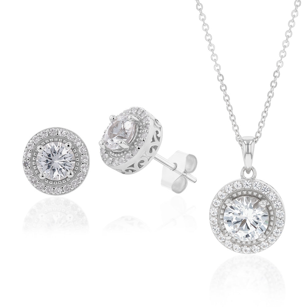 Sterling Silver Natural White Sapphire Pendant and Earring Set