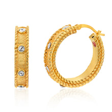 Load image into Gallery viewer, Sterling Silver Gold Plated Cubic Zirconia Antique Hoop Earrings