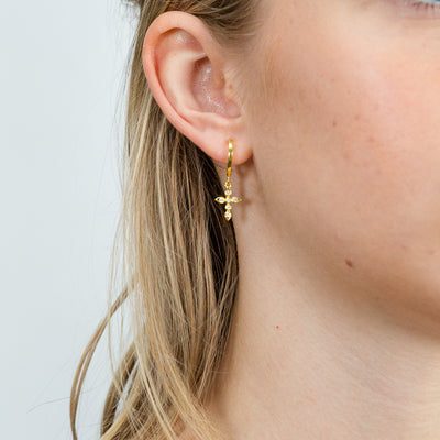 Sterling Silver Gold Plated Cubic Zirconia Cross On Hoops Earrings