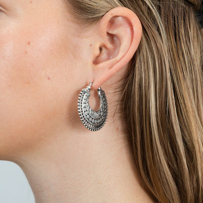 Sterling Silver Antique Pattern Hoop Earrings