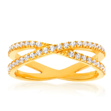 Load image into Gallery viewer, Sterling Silver Gold Plated Cubic Zirconia Cross Over Ring