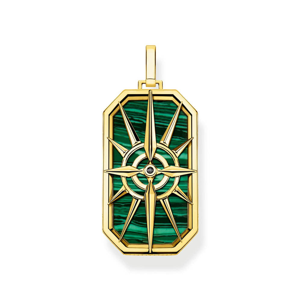 Thomas Sabo Sterling Silver Gold Plated Compass Malachite Dog Tag Pendant
