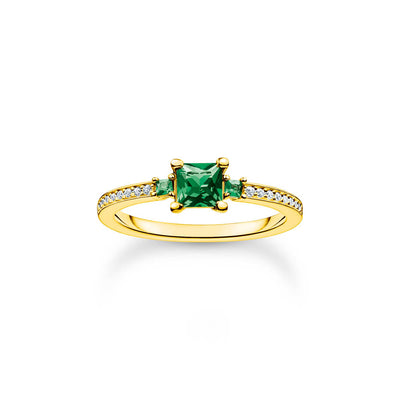 Thomas Sabo Sterling Silver Gold Plated Charm Club Princess Cut Green CZ Ring