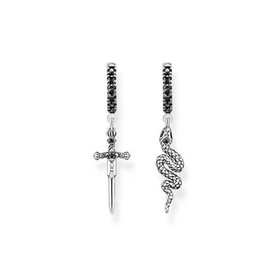 Thomas Sabo Sterling Silver Rebel Snake And Sword Black CZ Mismatch Earrings