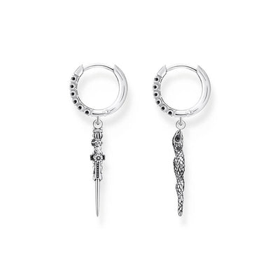Thomas Sabo Sterling Silver Rebel Snake And Sword Black CZ Mismatch Earrings