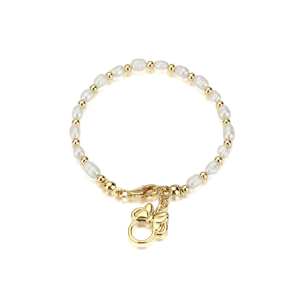 Disney Gold Plated Sterling Silver Minnie Fresh Water Pearl 19cm Bracelet