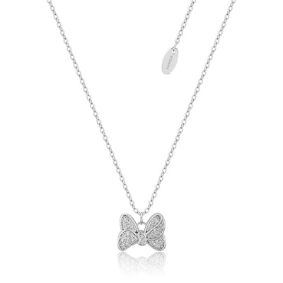 Disney Rhodium Plated Sterling Silver Minnie Mouse CZ Bow Pendant On Chain