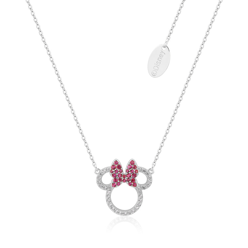 Disney Rhodium Plated Sterling Silver Minnie Mouse CZ Outline Red Pendant On Chain