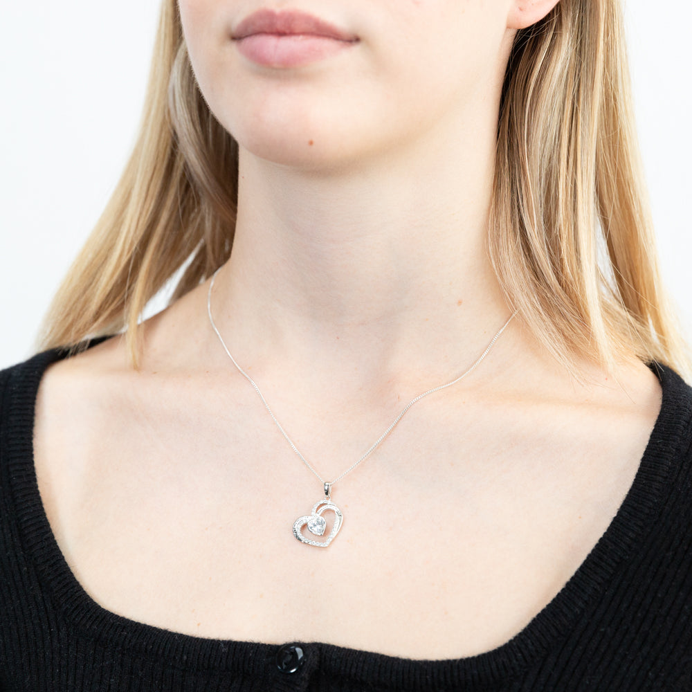 Sterling Silver White Cubic Zirconia And Inscription On Double Heart Pendant