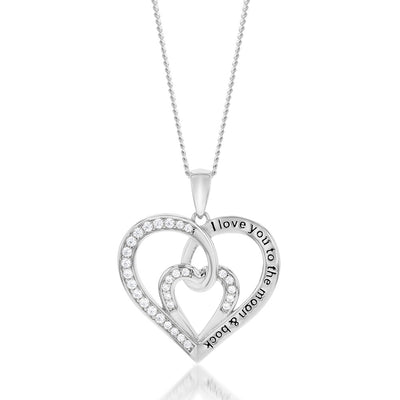 Sterling Silver Rhodium Plated White Cubic Zirconia Inscription Fancy Heart Pendant