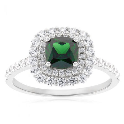 Sterling Silver Rhodium Plated Green And White Cubic Zirconia Cushion Ring