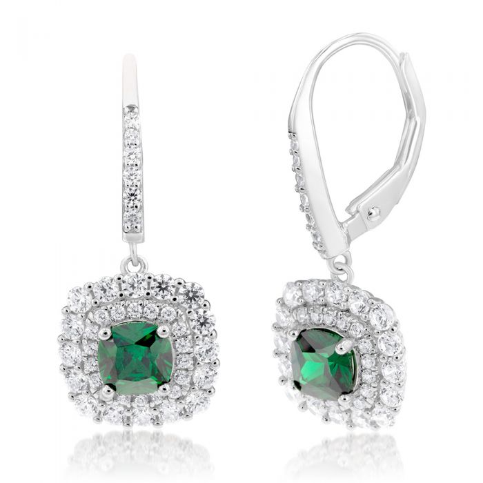 Sterling Silver Rhodium Plated Green And White Cubic Zirconia Cushion Drop Earrings
