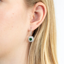 Load image into Gallery viewer, Sterling Silver Rhodium Plated Green And White Cubic Zirconia Cushion Drop Earrings