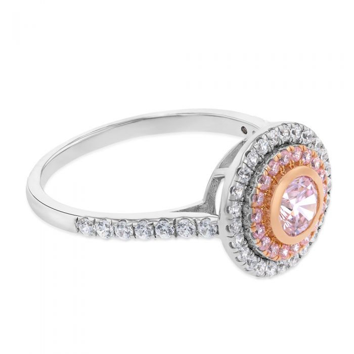 Sterling Silver Rhodium And Rose Gold Plated White And Pink CZ Round Ring