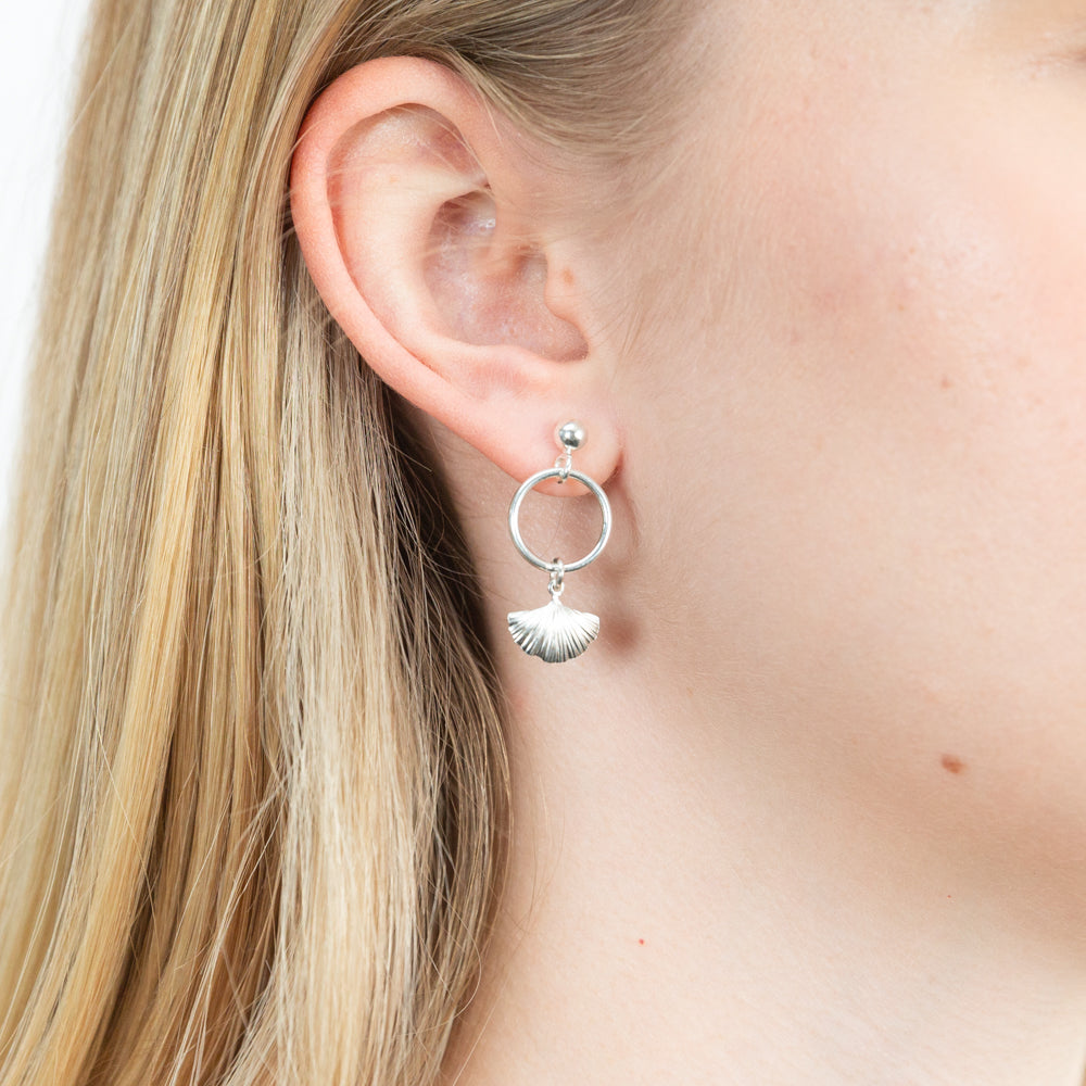 Sterling Silver Shell On Hoop Drop Earrings