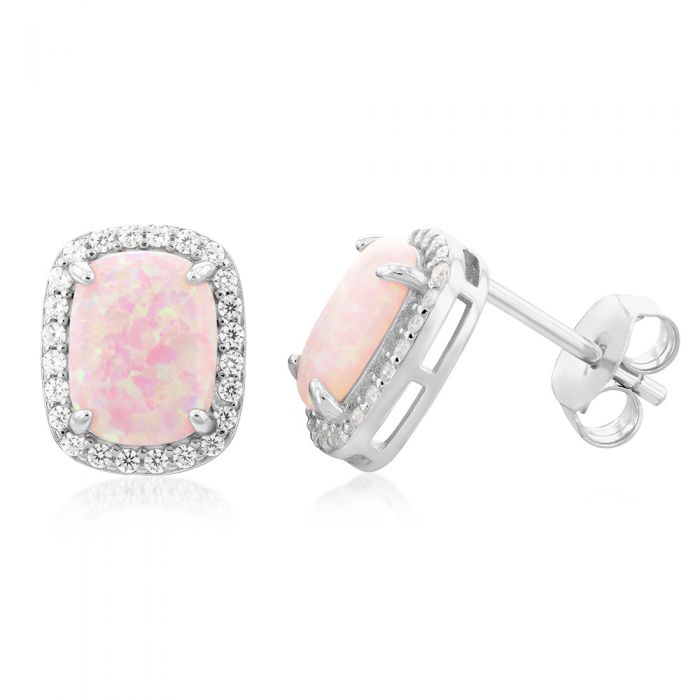 Sterling Silver Rhodium Plated Cubic Zirconia Synthetic Pink Opal Square Earrings