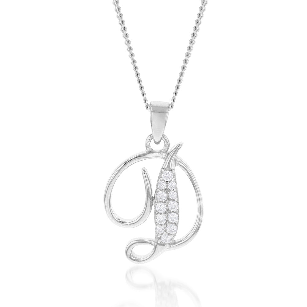 Sterling Silver Rhodium Plated Cubic Zirconia Script "D" Initial Pendant