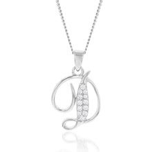 Load image into Gallery viewer, Sterling Silver Rhodium Plated Cubic Zirconia Script &quot;D&quot; Initial Pendant