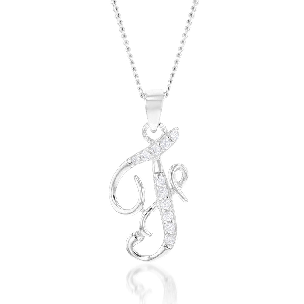 Sterling Silver Rhodium Plated Cubic Zirconia Script "F " Initial Pendant