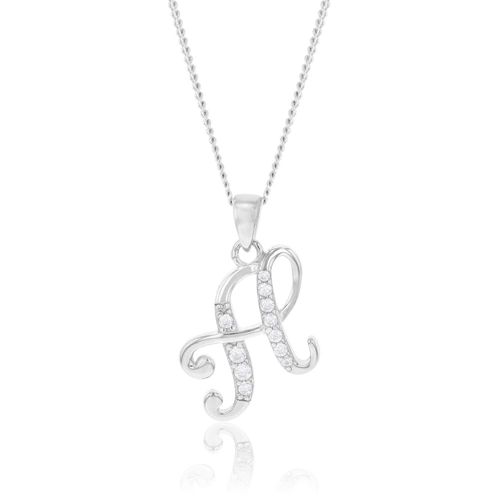 Sterling Silver Rhodium Plated Cubic Zirconia Script "H " Initial Pendant