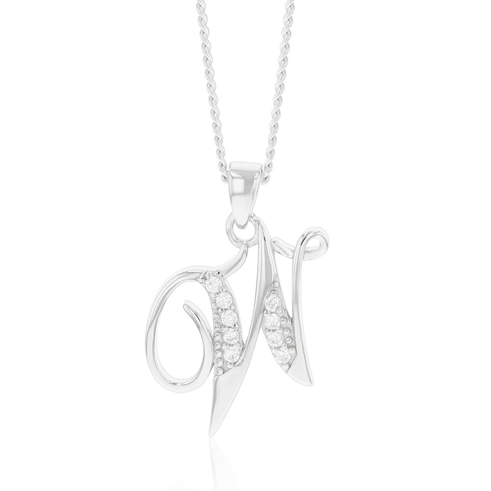 Sterling Silver Rhodium Plated Cubic Zirconia Script "W " Initial Pendant