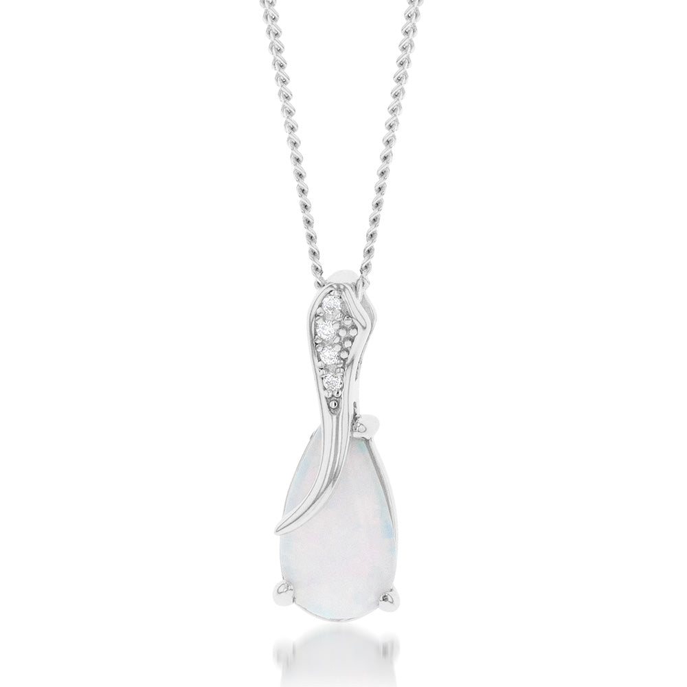 Sterling Silver Rhodium Plated Cubic Zirconia Synthetic Opal Crossover Pendant