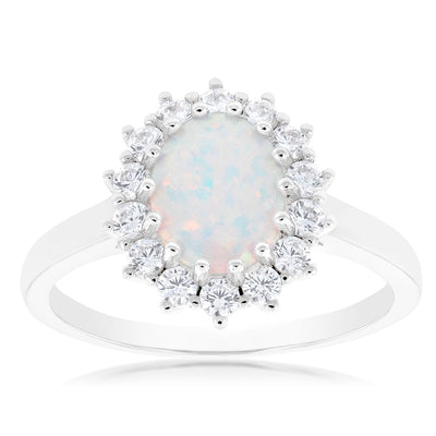 Sterling Silver Rhodium Plated Cubic Zirconia Synthetic Opal Round Ring