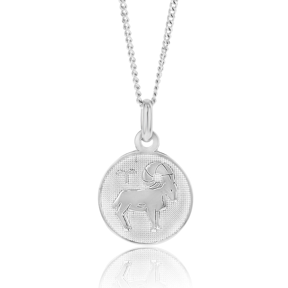 Sterling Silver Rhodium Plated Round Zodiac Areis Pendant