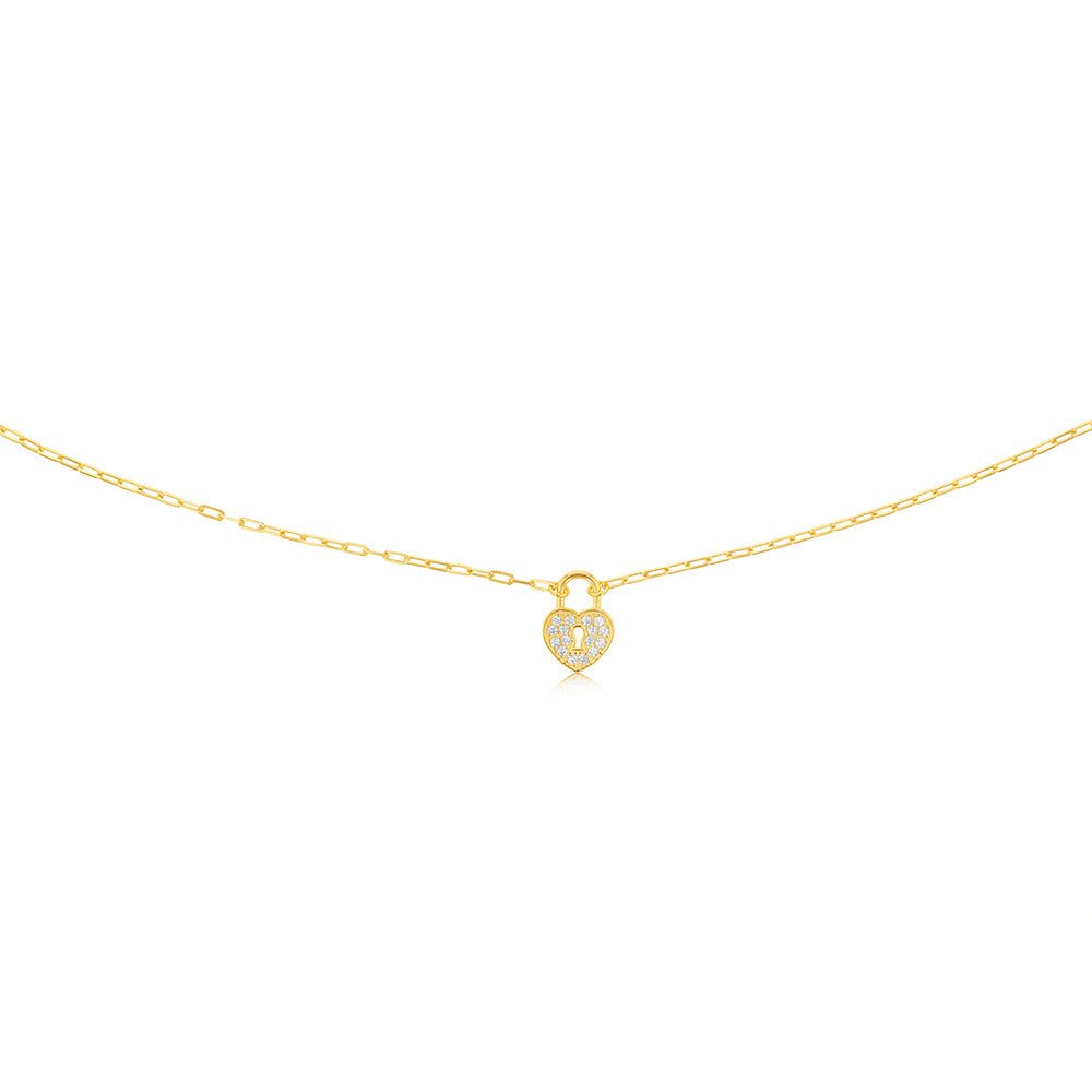 Sterling Silver Yellow Gold Plated Cubic Zirconia Heart On 45cm Chain