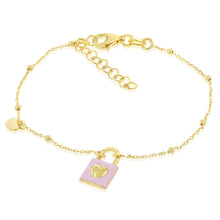 Load image into Gallery viewer, Sterling Silver Yellow Gold Plated Pink Enamel Lock19cm Bracelet