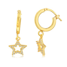 Load image into Gallery viewer, Sterling Silver Yellow Gold Plated Cubic Zirconia Star On Hoop Earrings