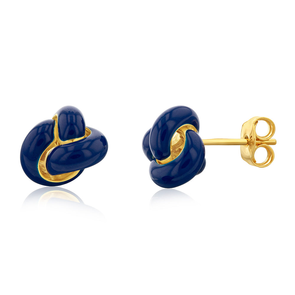 Sterling Silver Gold Plated Dark Blue Emamel Knot Stud Earrings