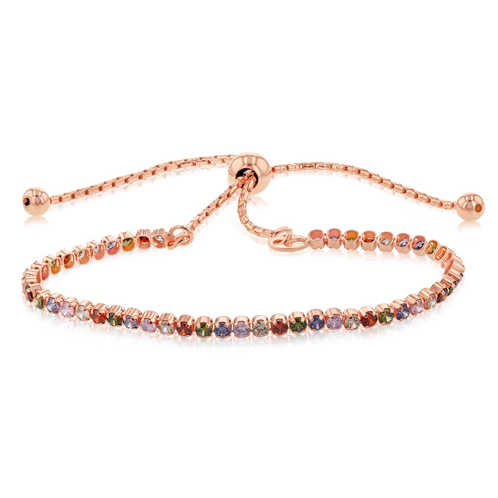 Sterling Silver Rose Gold Plated Multicolour Cubic Zirconia Adjustable Tennis Bracelet