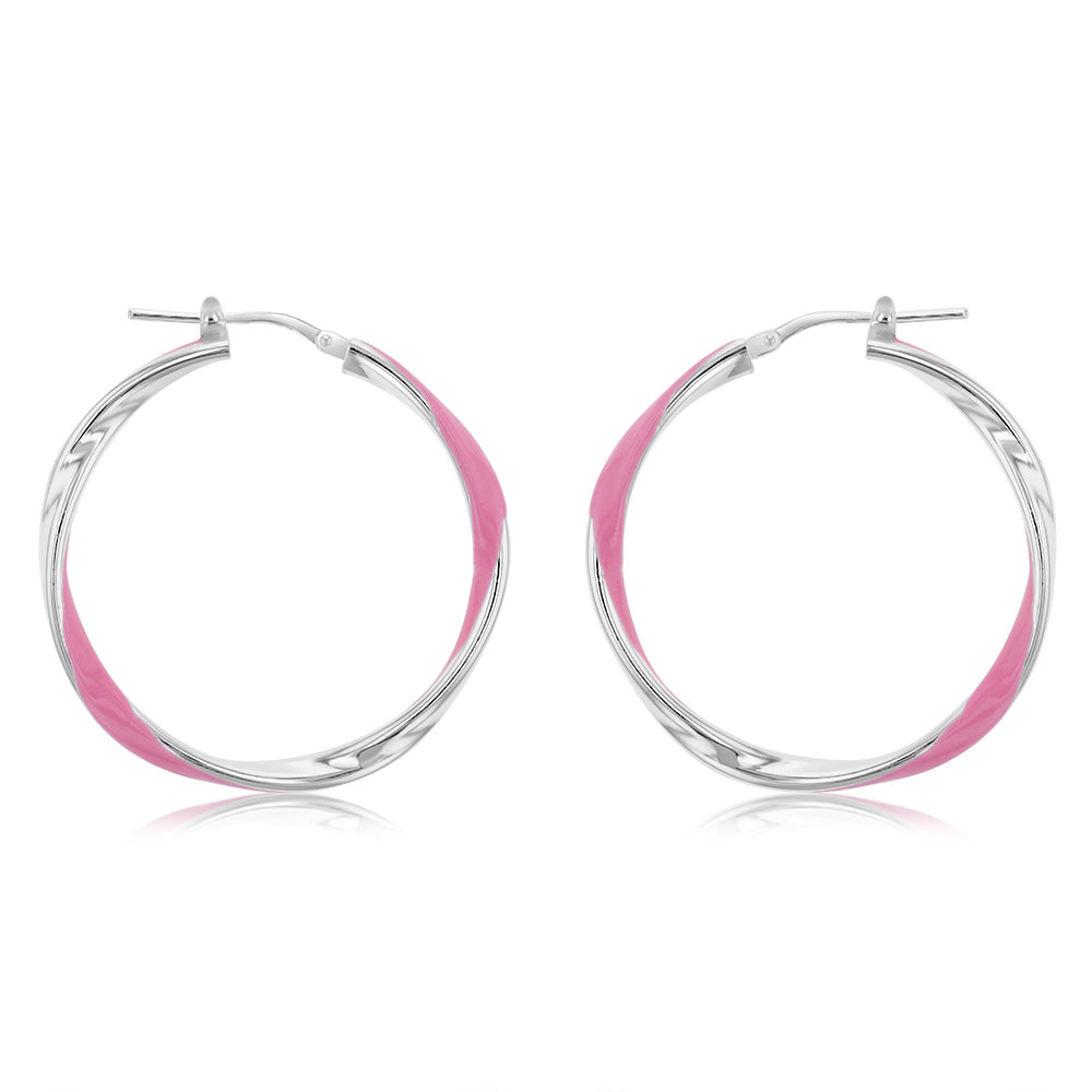 Sterling Silver Pink Enamel On Twisted 30mm Hoop Earrings