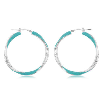 Sterling Silver Aqua Enamel On Twisted Hoop Earrings