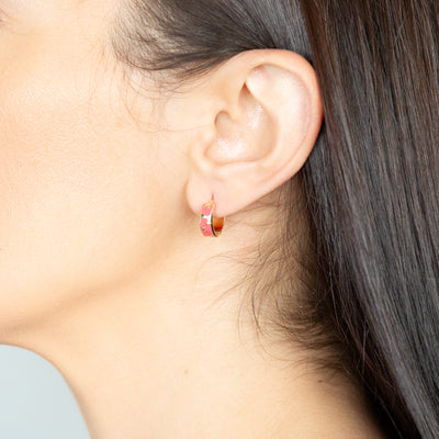 Gold Plated Sterling Silver Hearts Pink Enamel 13mm Hoop Earrings