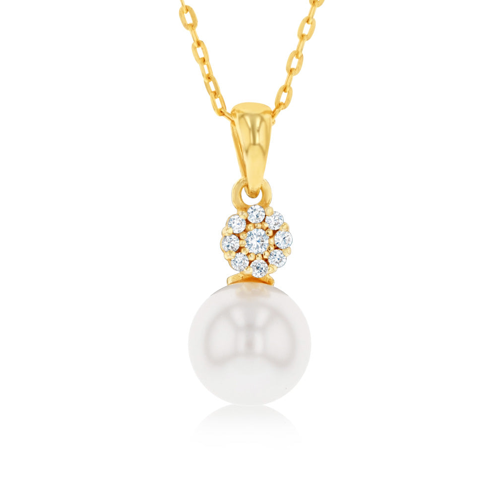 Sterling Silver Gold Plated Pearl And Cubic Zirconia Pendant On 45cm Chain