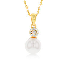 Load image into Gallery viewer, Sterling Silver Gold Plated Pearl And Cubic Zirconia Pendant On 45cm Chain