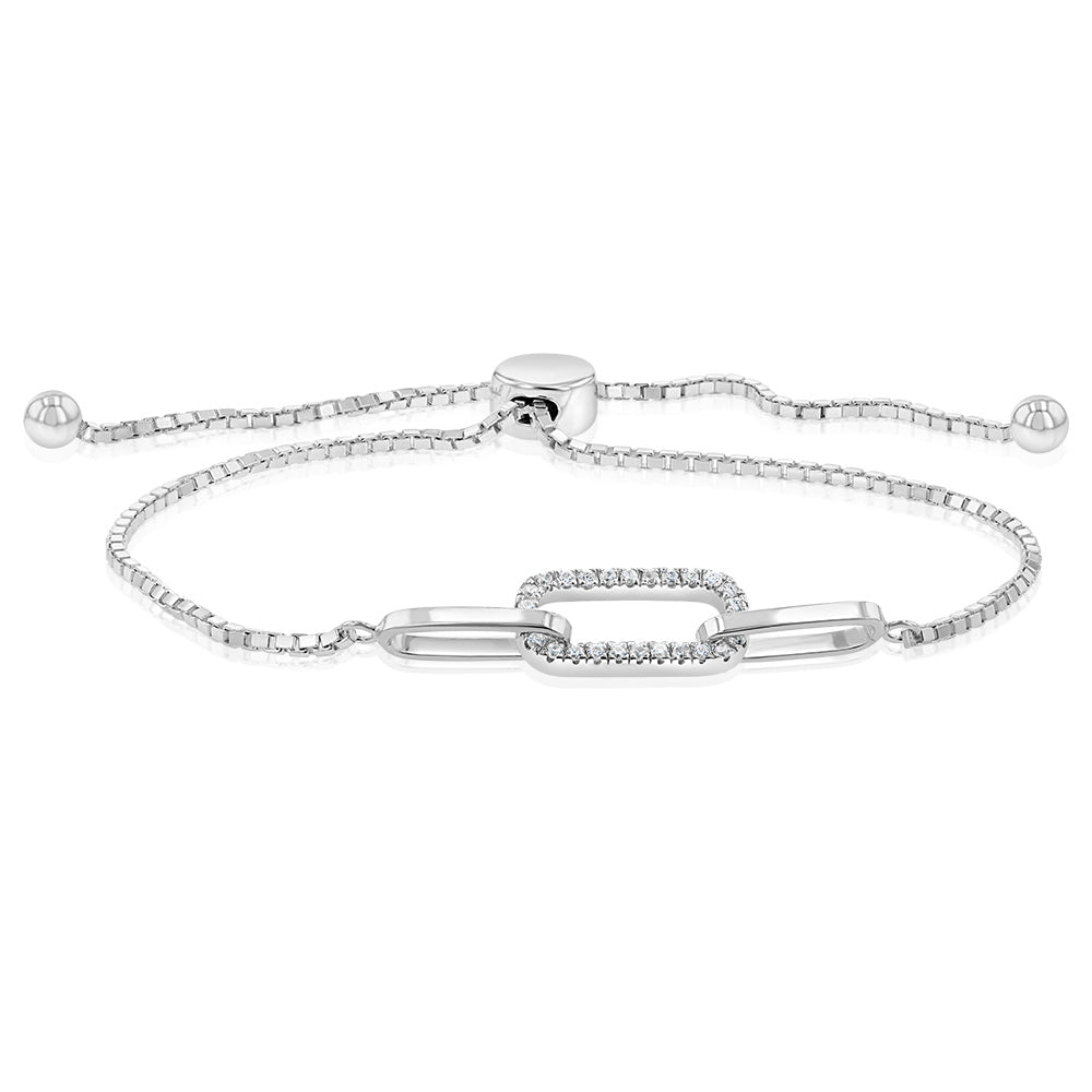 Sterling Silver Cubic Zirconia Link 19cm Adjustable Bracelet