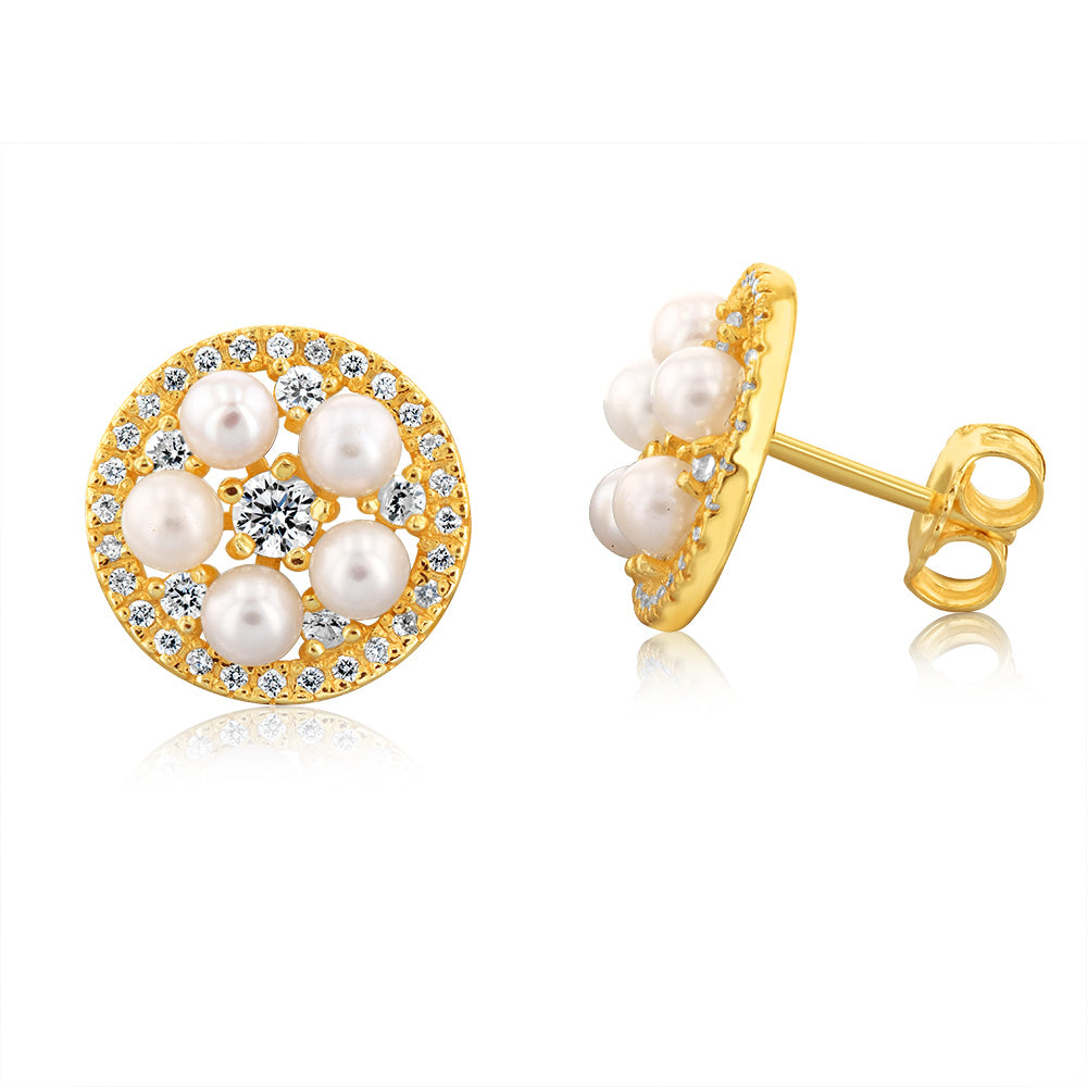 Sterling Silver Gold Plated Fresh Water Pearls And Cubic Zirconia Round Stud Earrings