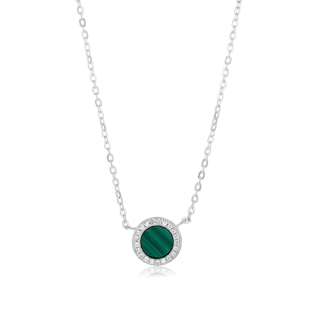 Sterling Silver Cubic Zirconia Created Malachite Round Pendant On 45cm Chain