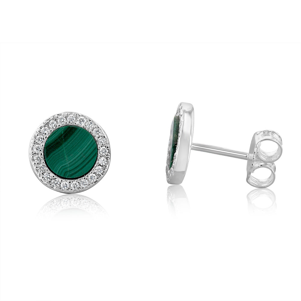 Sterling Silver Cubic Zirconia And Created Malachite Round Stud Earrings