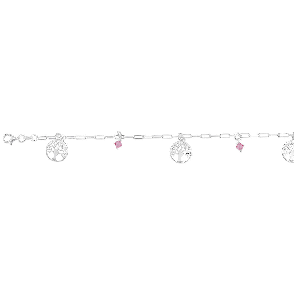 Sterling Silver Tree Of Life & Pink Charm 19cm Bracelet