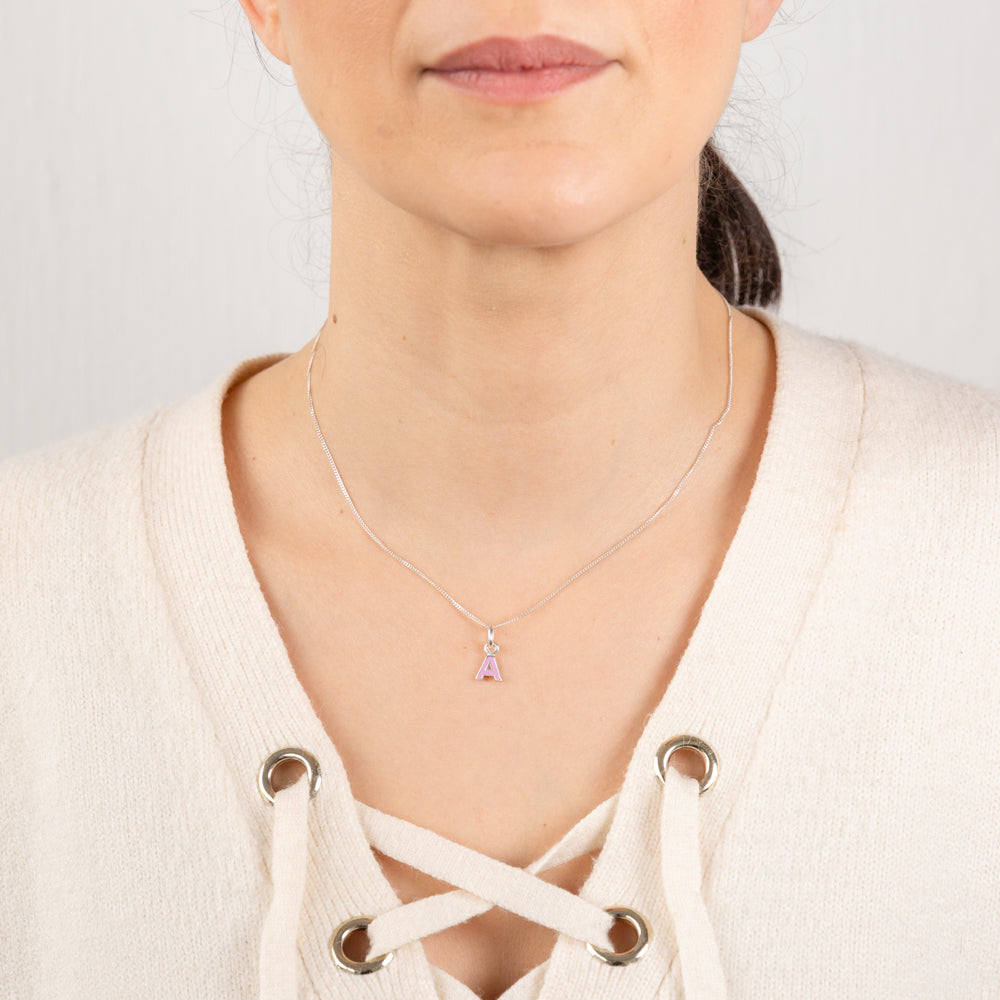 Sterling Silver Pink Enamel Initial "A" Pendant