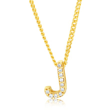 Load image into Gallery viewer, Sterling Silver Gold Plated Cubic Zirconia Initial &quot;J&quot; Pendant On 42cm Chain