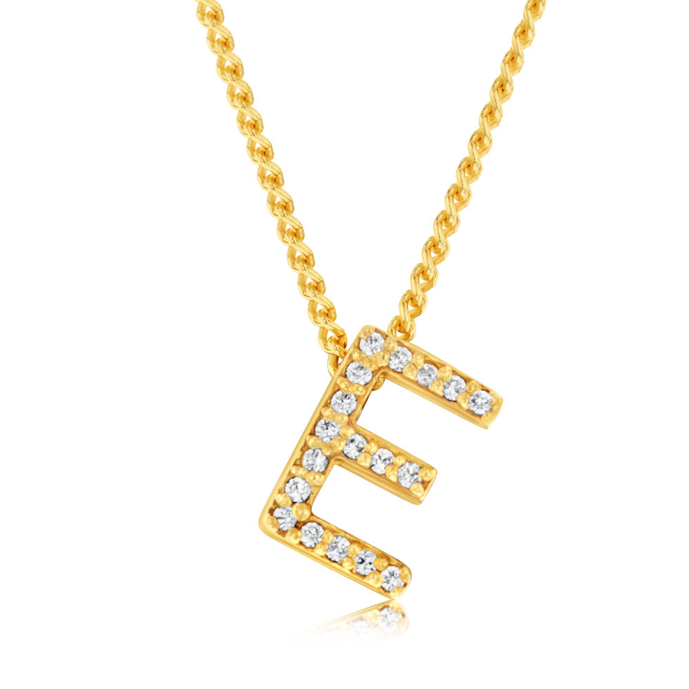 Sterling Silver Gold Plated Cubic Zirconia Initial "E" Pendant On 42cm Chain