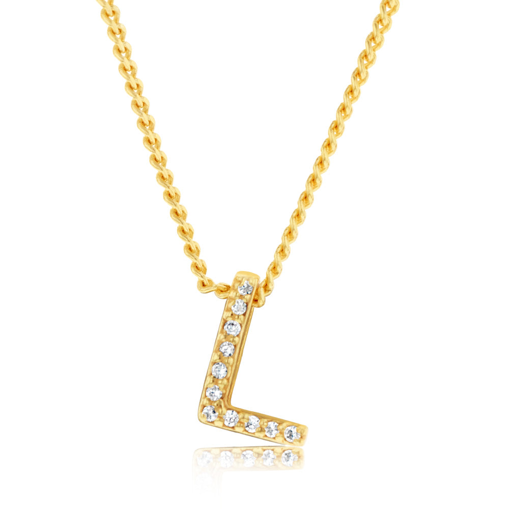 Sterling Silver Gold Plated Cubic Zirconia Initial "L" Pendant On 42cm Chain