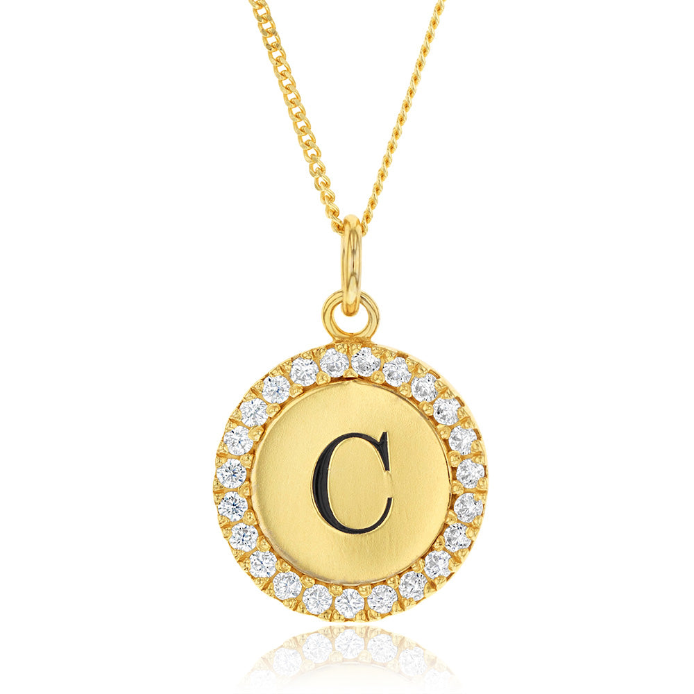 Sterling Silver Gold Plated Round Initial "C" Pendant On 45cm Chain